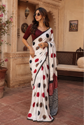 Satin Silk Digital Print Saree With Unstitched Blouse(White)