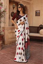 Satin Silk Digital Print Saree With Unstitched Blouse(White)