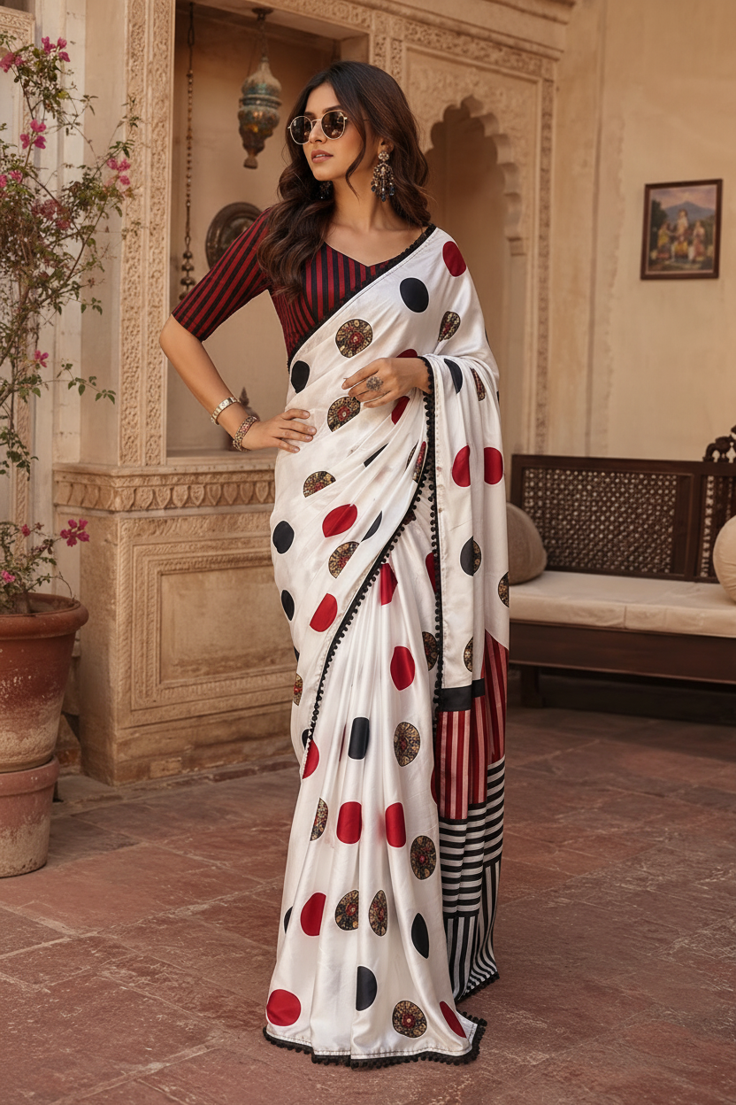 Satin Silk Digital Print Saree With Unstitched Blouse(White)