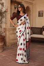 Load image into Gallery viewer, Satin Silk Digital Print Saree With Unstitched Blouse(White)
