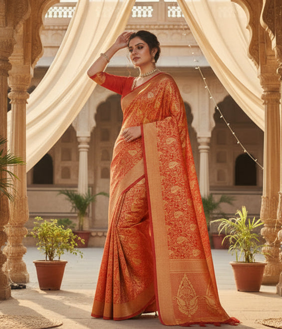 Women's Banarasi silk Saree with Blouse (Red, 5-6mtr)