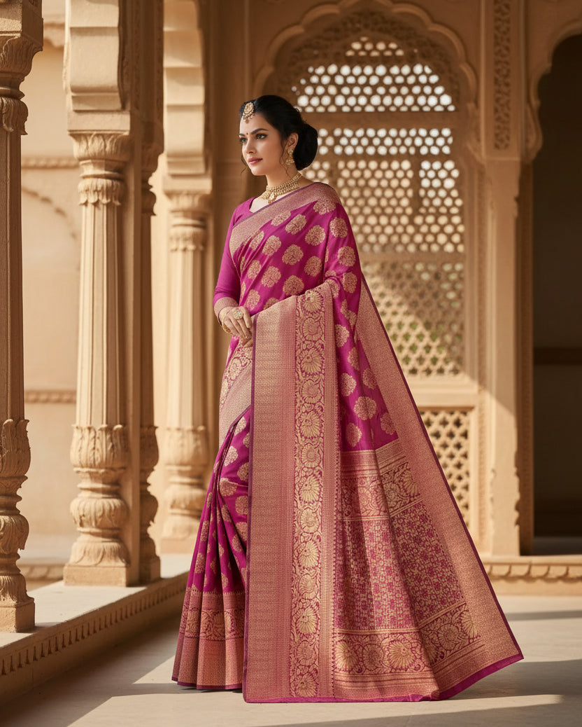 Women's banarasi silk saree with blouse (wine, 5 6mtr) kashvii