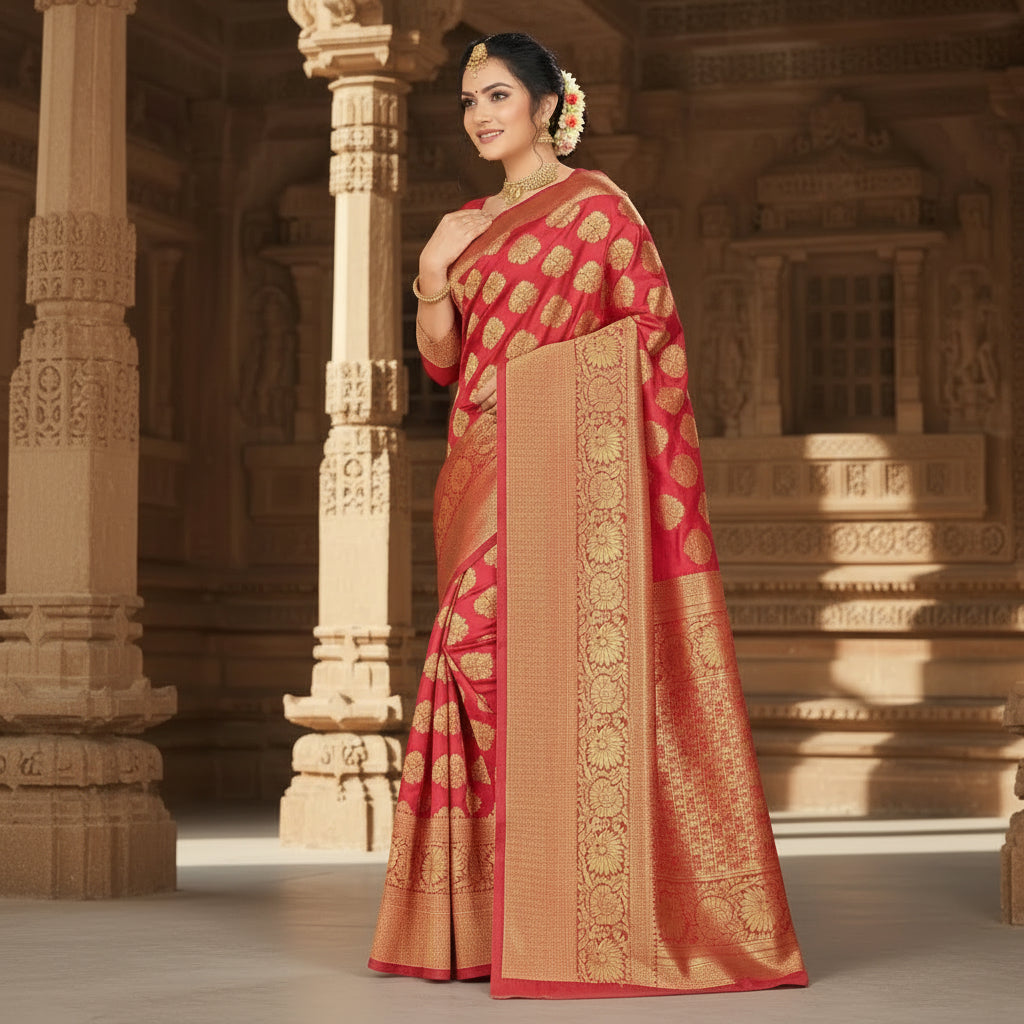 Women's banarasi silk saree with blouse (red, 5 6mtr) kashvii