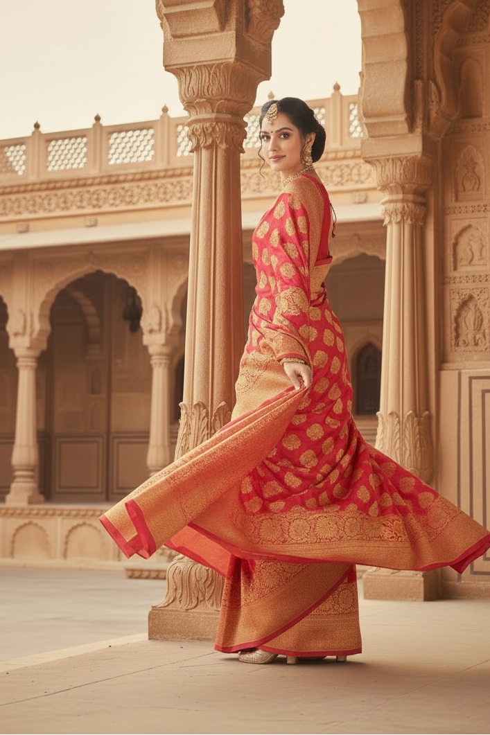 Women's Banarasi silk Saree with Blouse (Red, 5-6mtr) Kashvii