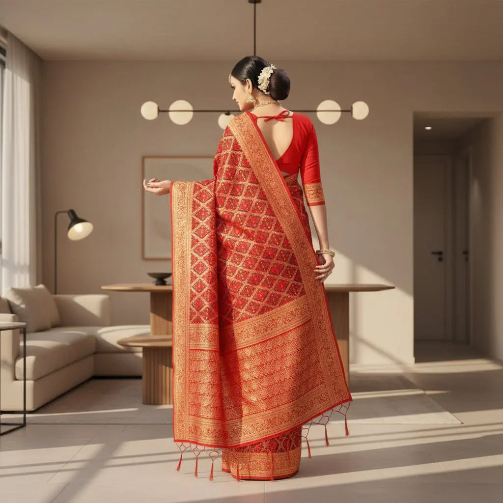 Women's Banarasi silk Saree with Blouse (Red,black, 5-6mtr) Kashvii