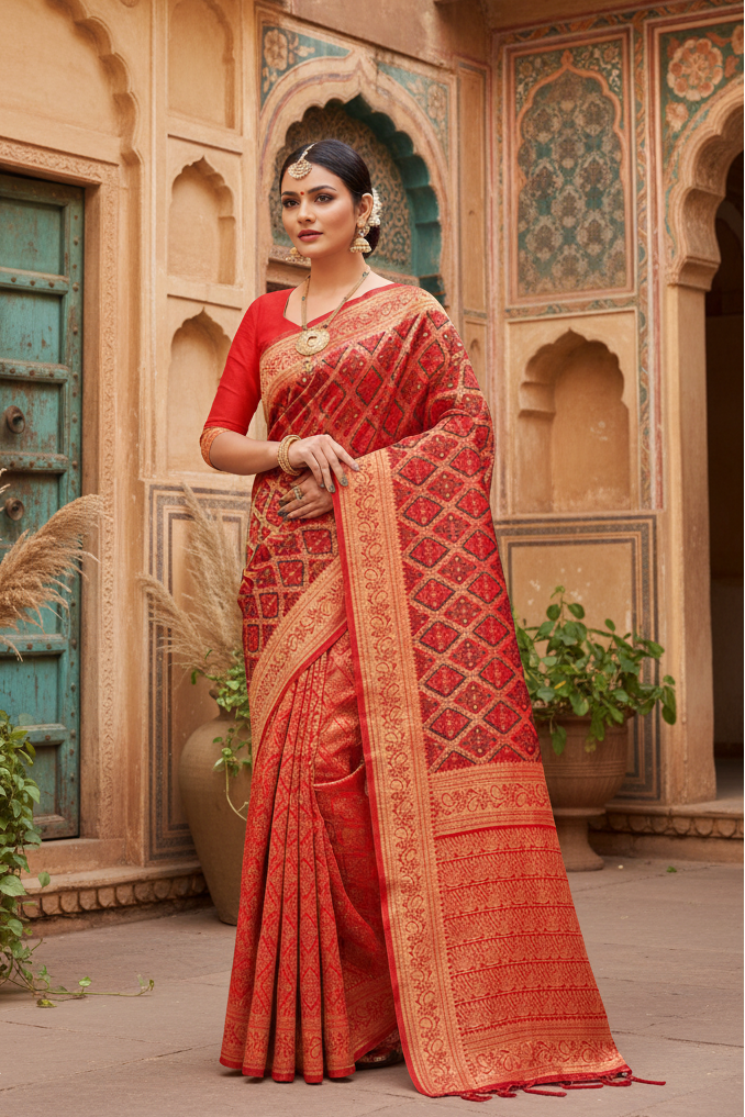 Women's banarasi silk saree with blouse (red,black, 5 6mtr) kashvii