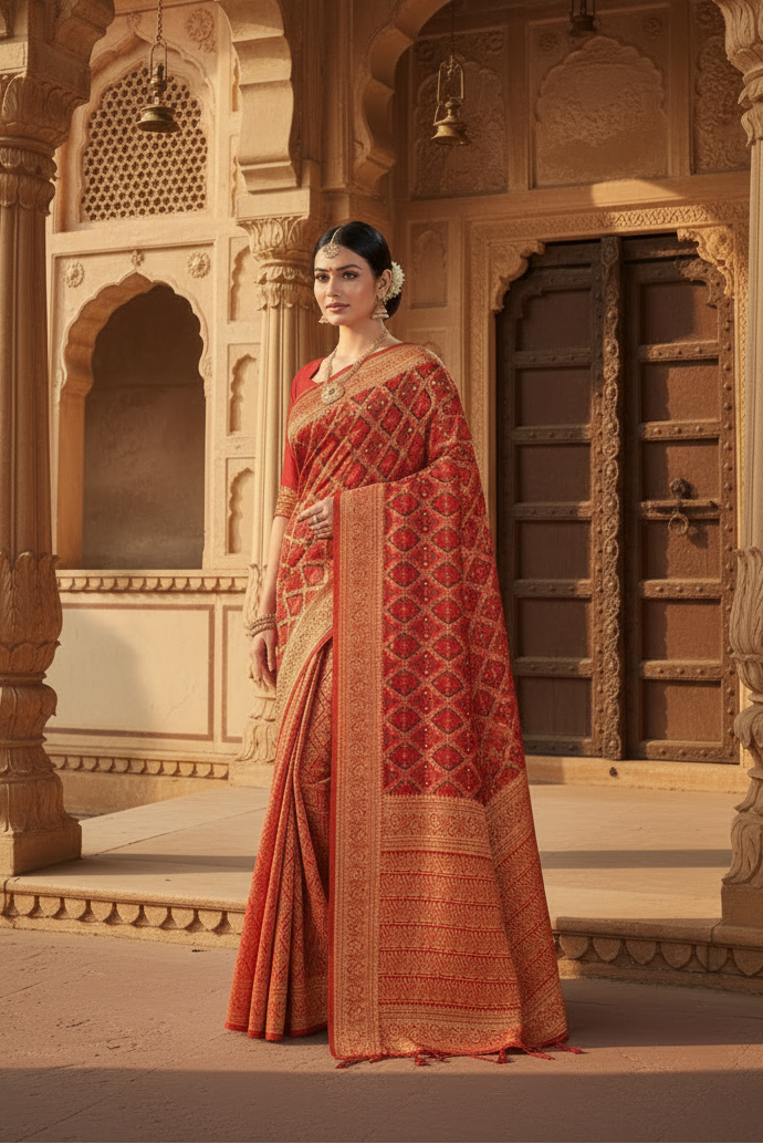 Women's Banarasi silk Saree with Blouse (Red,black, 5-6mtr) Kashvii