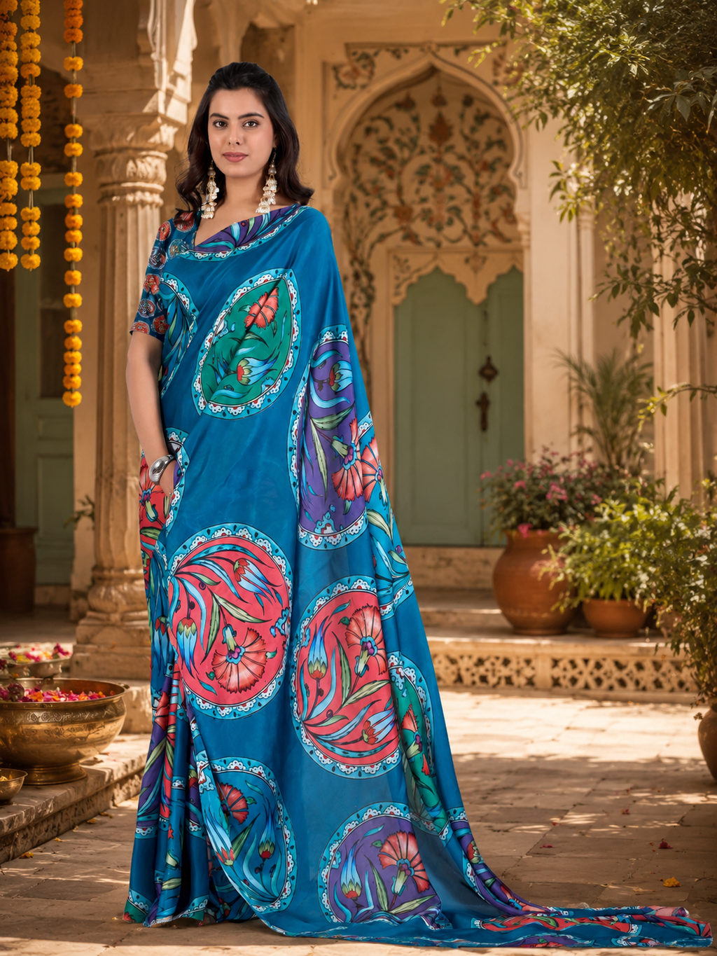 Satin Silk Printed Saree With Unstitched Blouse(Blue)
