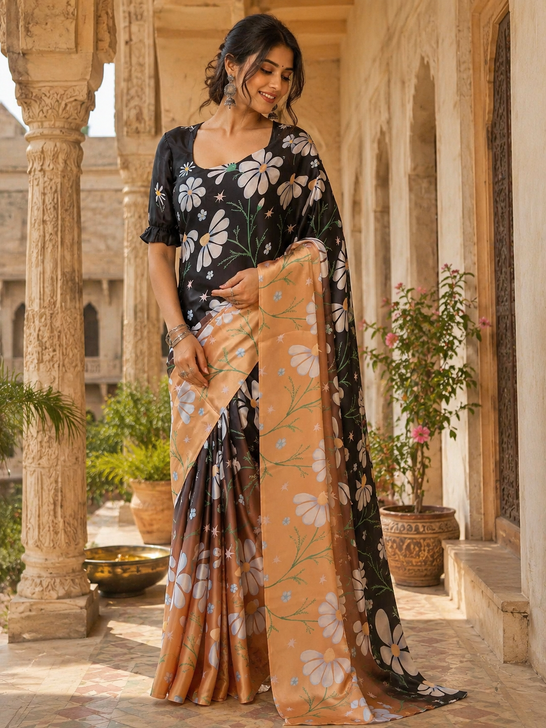 Satin Silk Printed Saree With Unstitched Blouse(Peach)