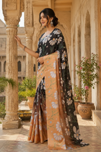 Satin Silk Printed Saree With Unstitched Blouse(Peach)