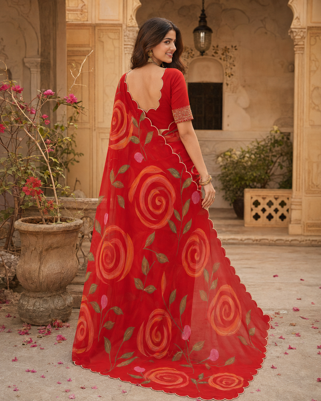 Blooming Georgette Floral Print Saree With Unstitched Blouse(Red)