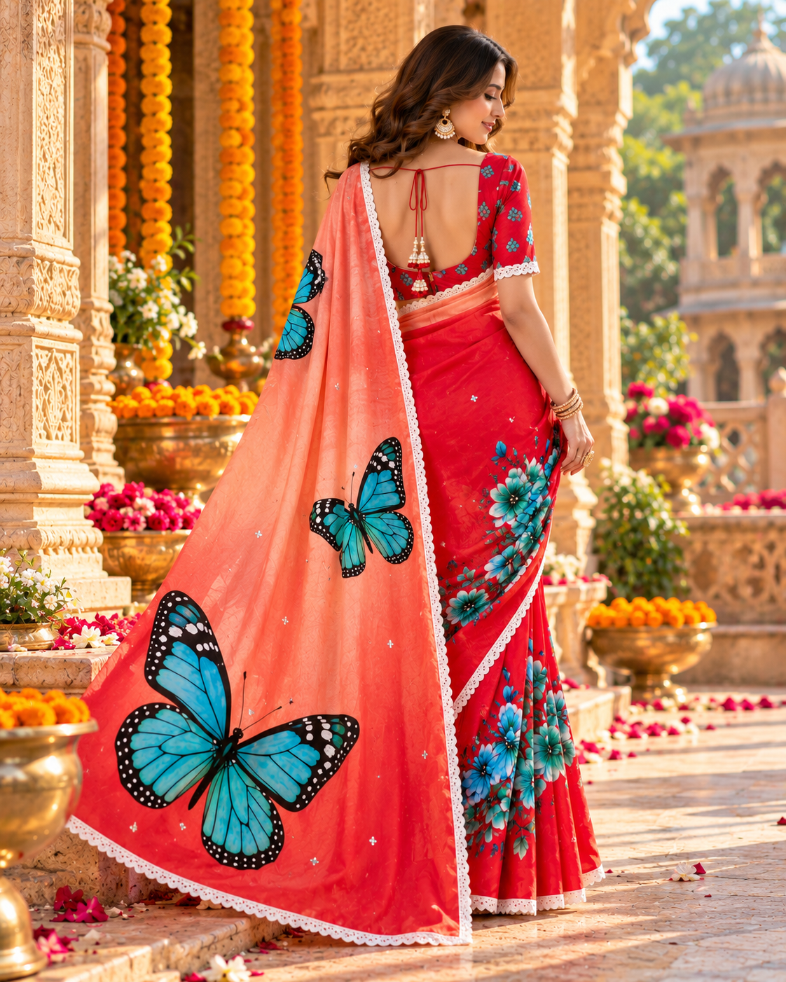 Pure Linen Printed Mirror Work Saree With Unstitched Blouse(Red)