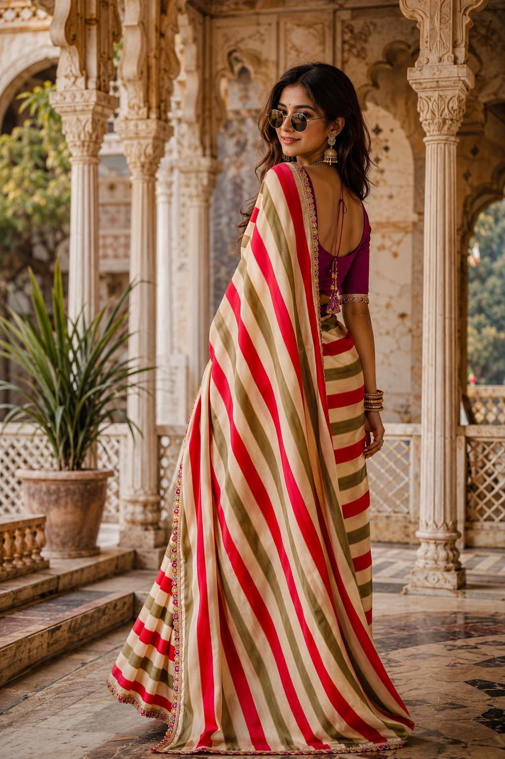Soft Chinon Lehriye  Silk Saree With Unstitched Blouse(Green)