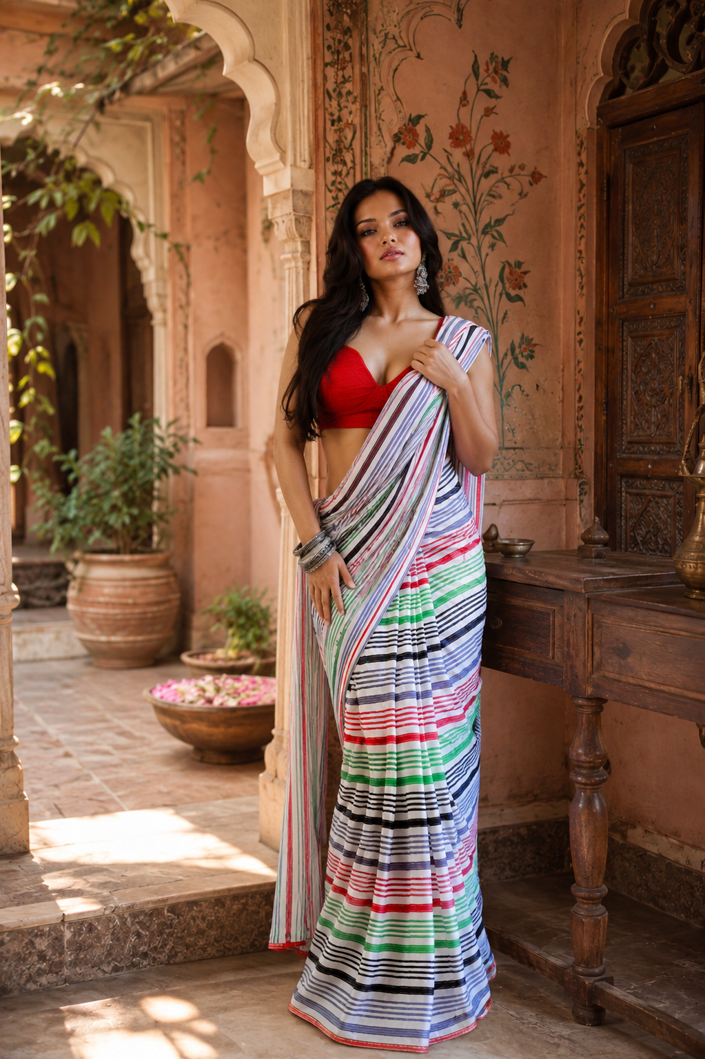 Georgette Printed Ready To Wear Sarees With Unstitched Blouse(Mulled Wine)