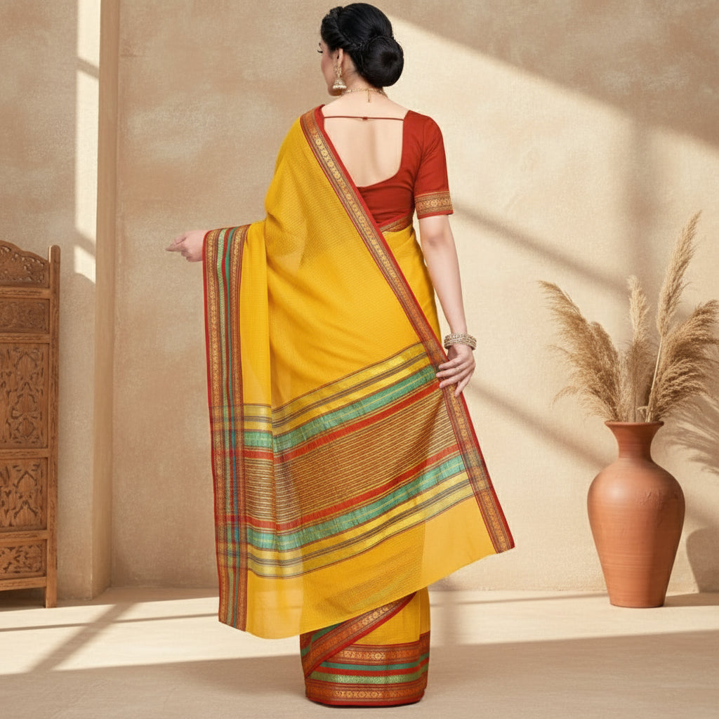 Women's Kota Doria Cotton Bordered Saree With Blouse (Yellow, 5-6 Mtrs) Kashvii