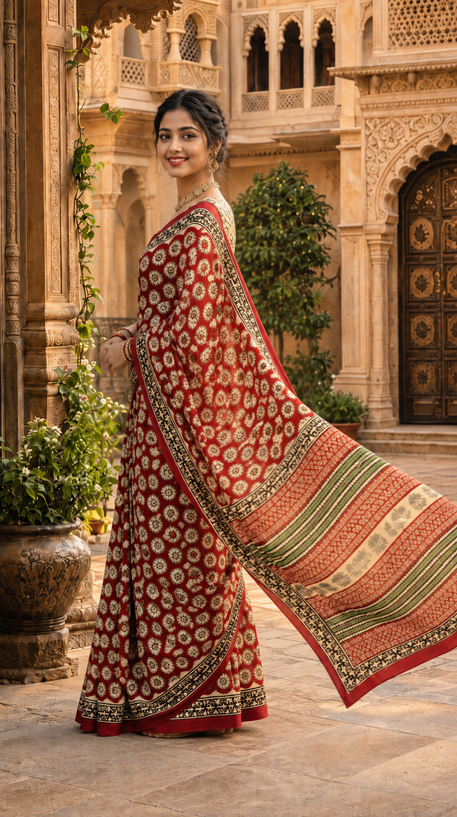 Primum Pure Mulmul Cotton Bagru Print Saree With Unstitched Blouse (Red)