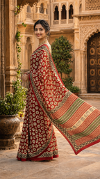Primum Pure Mulmul Cotton Bagru Print Saree With Unstitched Blouse (Red)