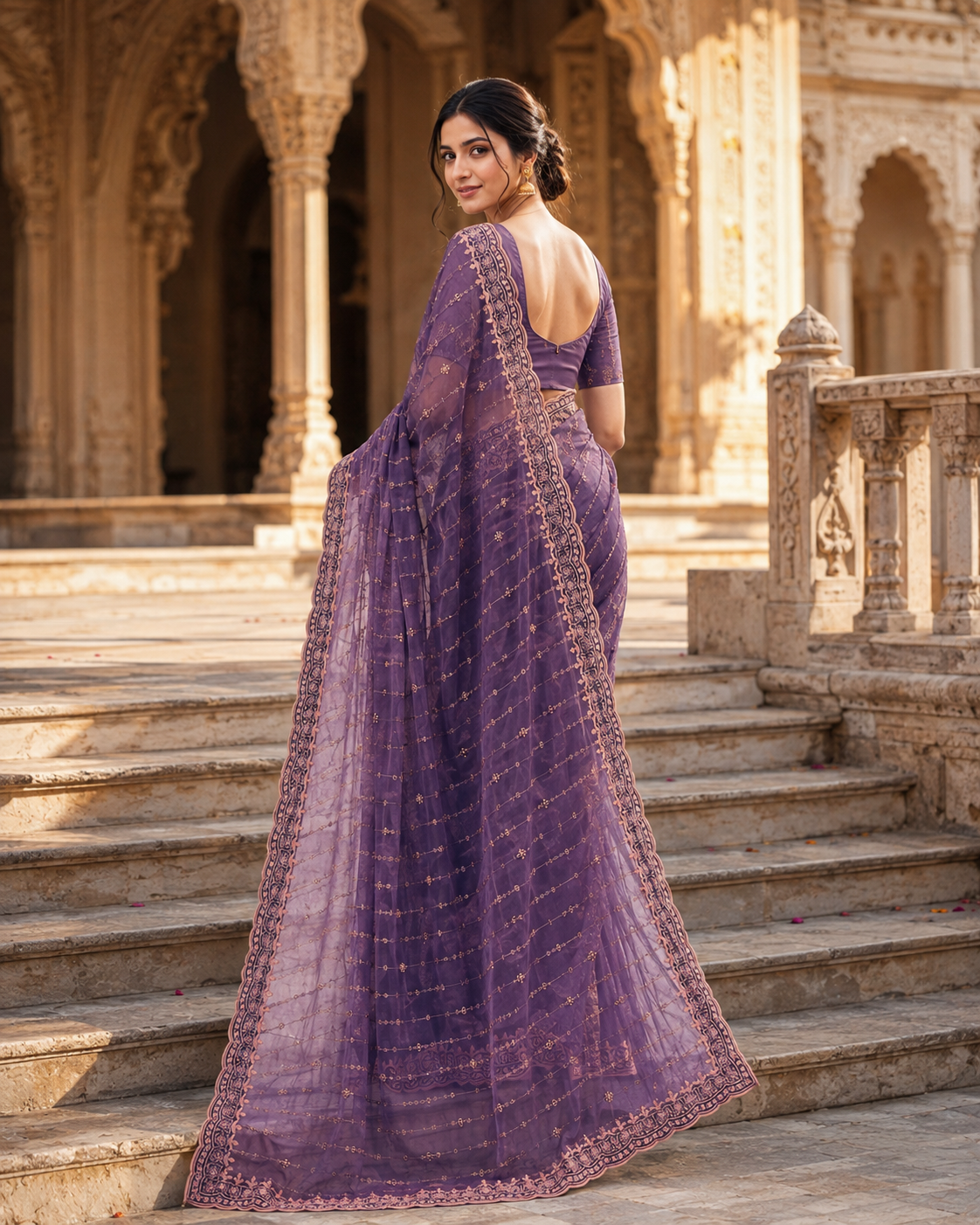 Moss Gold Shine Multi Sequence Embroidery Work Silk Saree With Unstitched Blouse (Lavender Purple)
