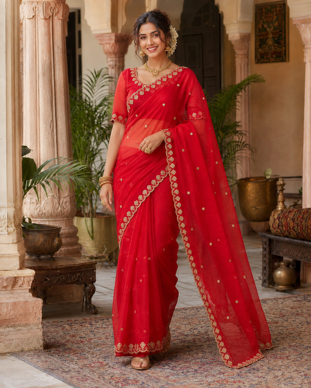 Premium Jamdhani Handloom Silk Jari Border Saree With Unstitched Blouse (Red)