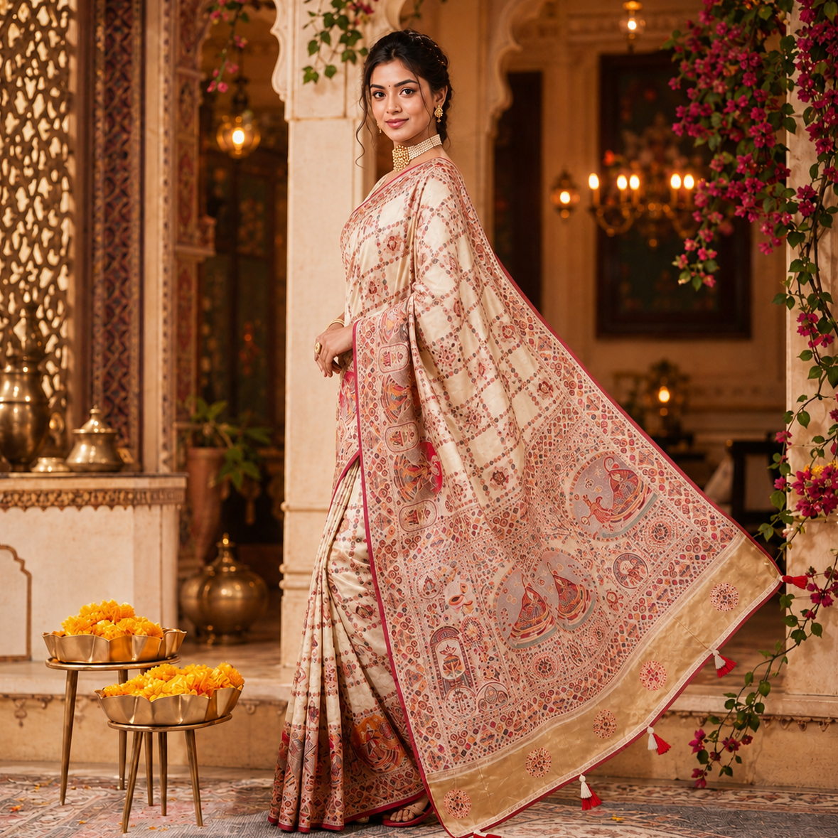 Premium Luxurious Pachmina  Lagdi Patta Saree With Unstitched Blouse (Ivory Cream)