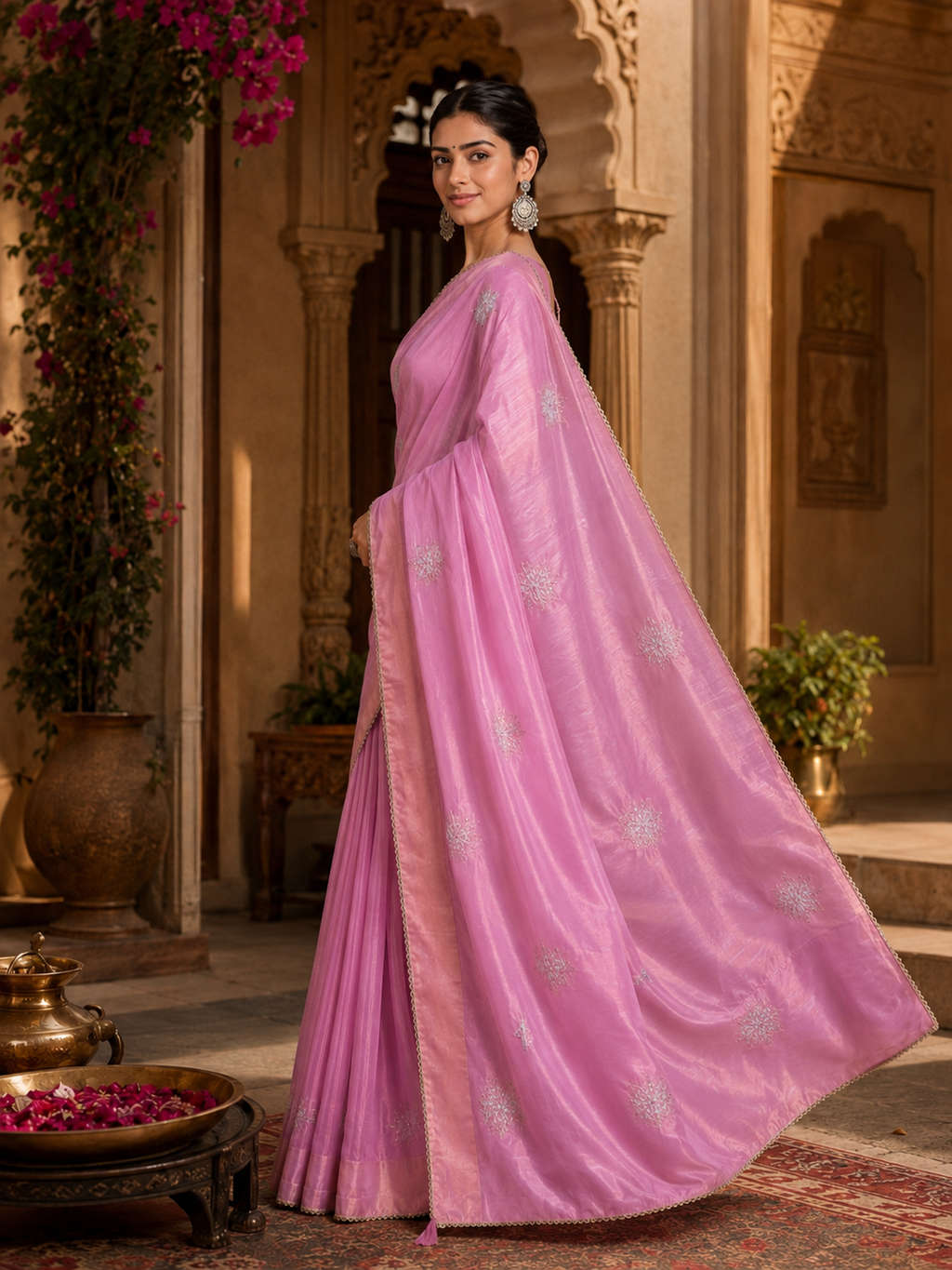 Gold Span  Embroidery Moti Beats Zari Patta Border Silk Saree With Unstitched Blouse (Pink)
