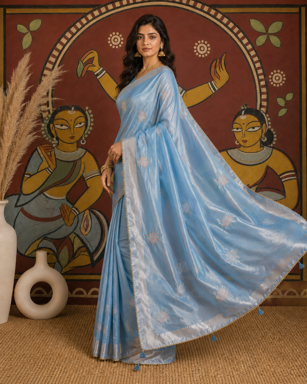 Gold Span Embroidery Moti Beats Zari Patta Border Silk Saree With Unstitched Blouse (Sky Blue)
