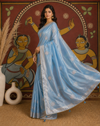 Gold Span Embroidery Moti Beats Zari Patta Border Silk Saree With Unstitched Blouse (Sky Blue)