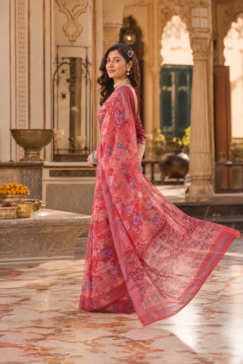 Premium Linen Floral Print Traditional Patola Border Saree with Unstitched Blouse (Reddish)