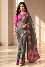 Elegance Premium Chiffon Fabric With Sequence Floral Printed Saree With Unstitched Blouse (Grey)