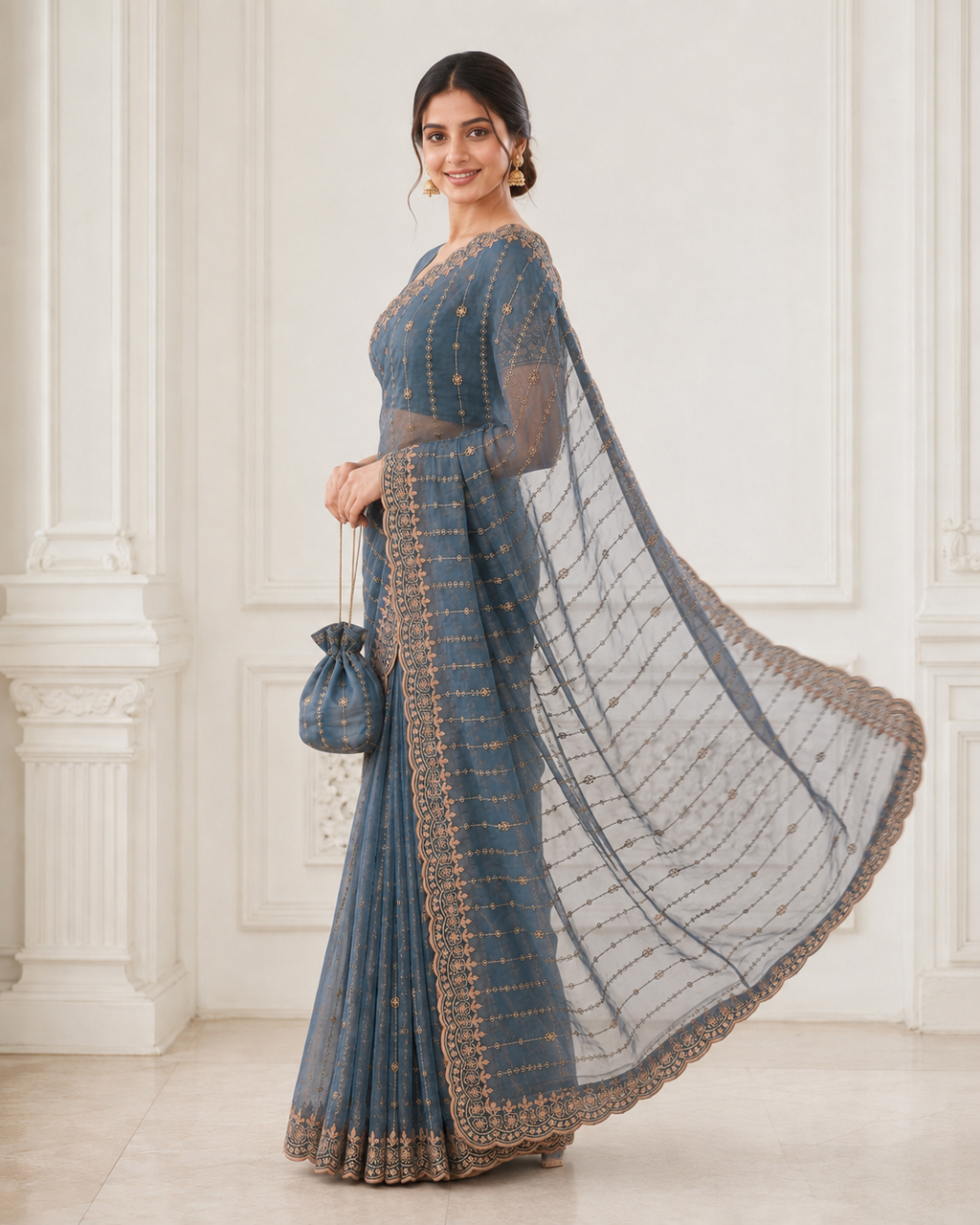 Moss Gold Shine Multi Sequence Embroidery Work Saree With Unstitched Blouse (Teal)