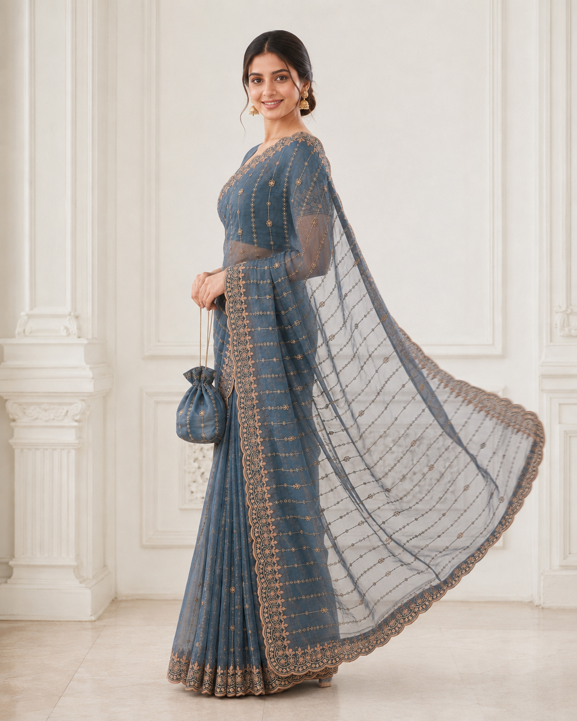 Moss Gold Shine Multi Sequence Embroidery Work Saree With Unstitched Blouse (Teal)