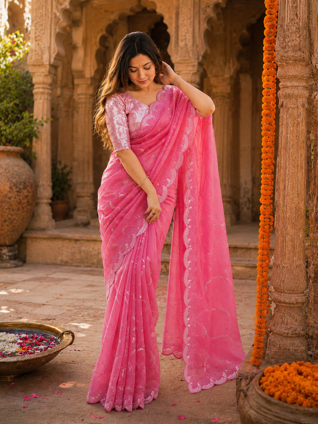 Premium Soft Crush Silk Sequin Work Saree With Unstitched Blouse(Pink)