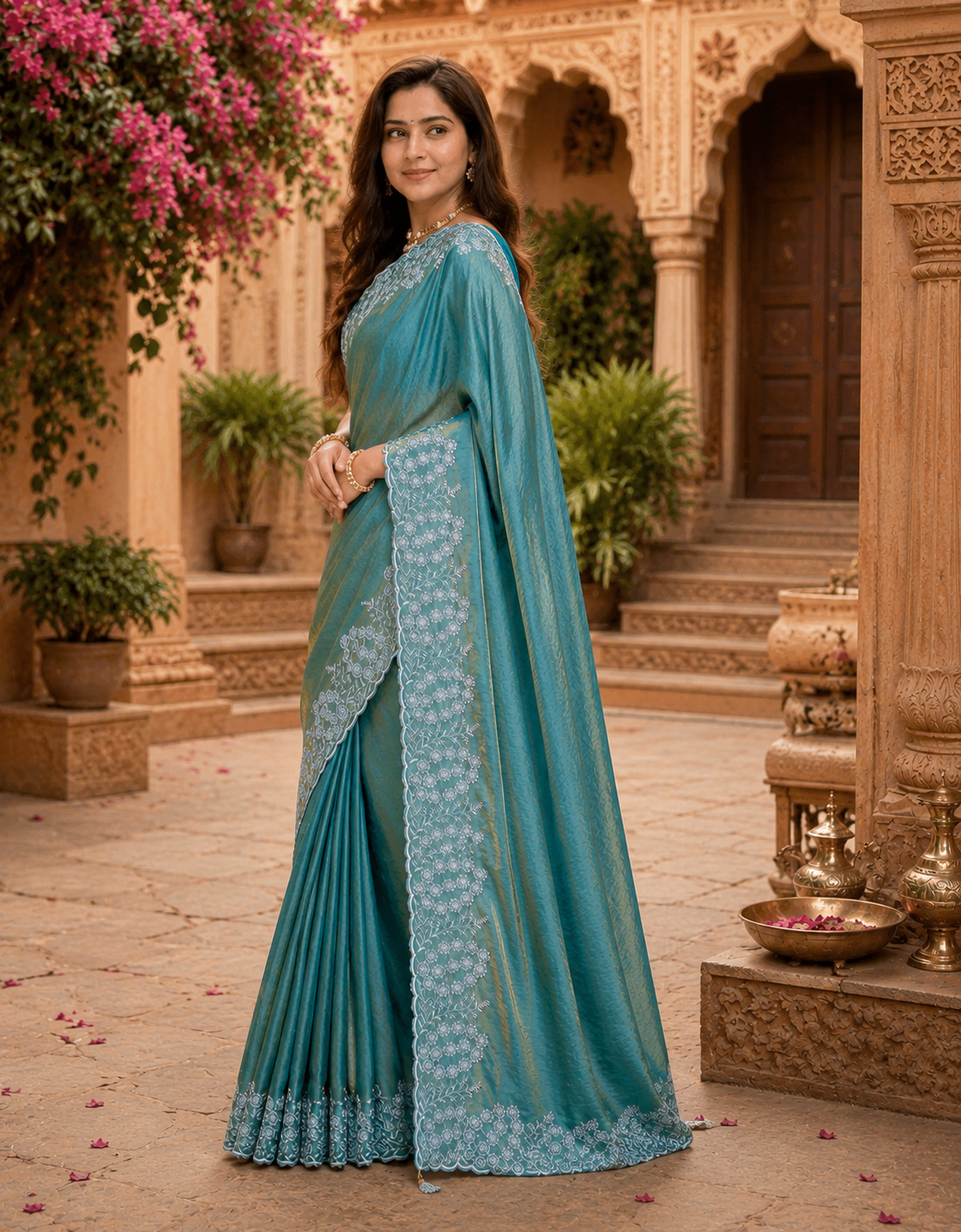 Satin Embroidery Work Saree With Unstitched Blouse(Blue)