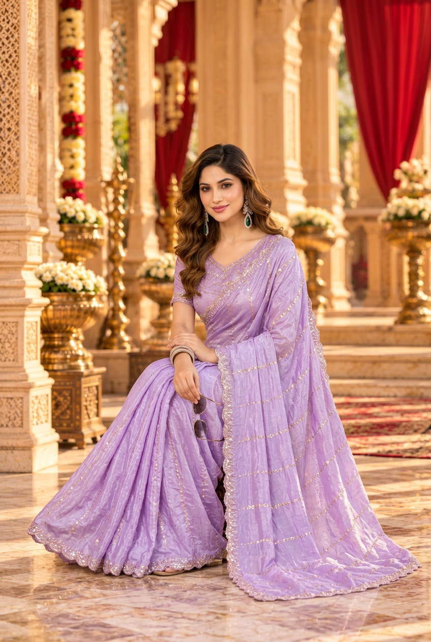 Pure Prada Silk Saree with Unstitched Blouse(Lavender)