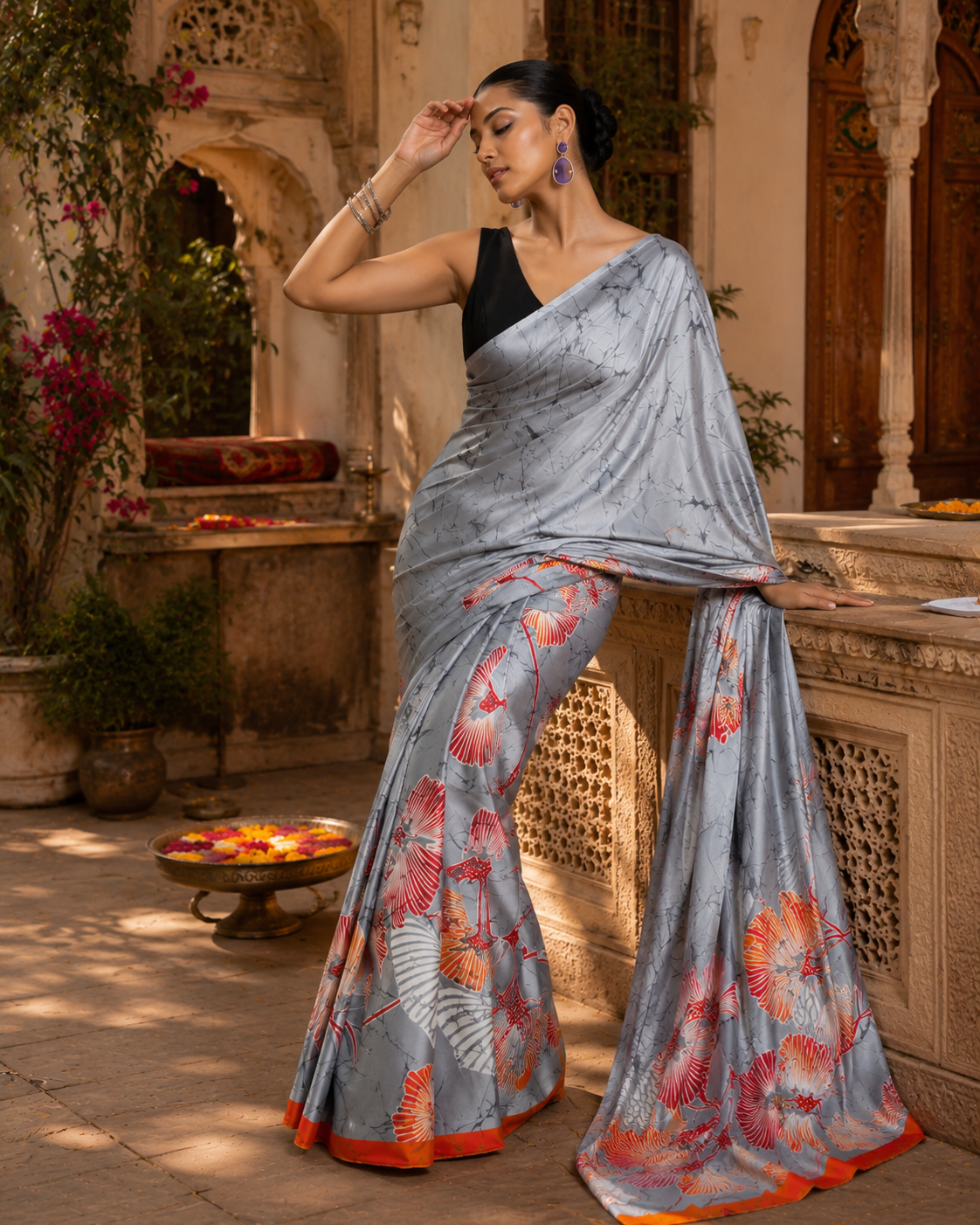 Japan Satin Printed Saree With Unstitched Blouse(Grey)