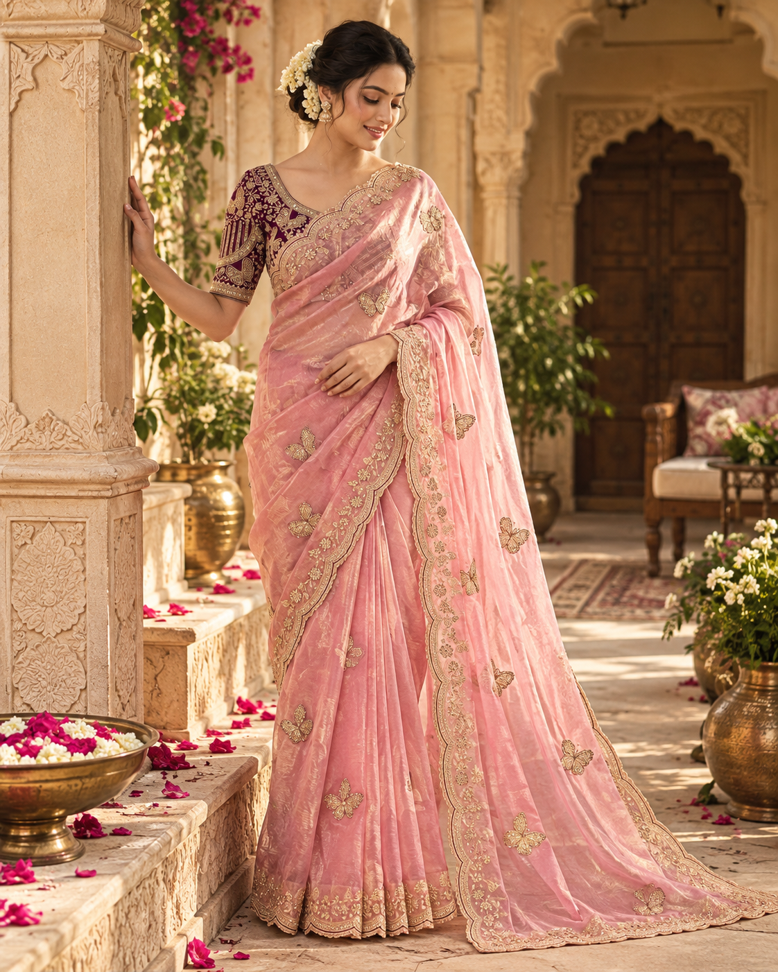 Premium Satin Silk Sequins Zari Work Saree With Blouse(Pink)