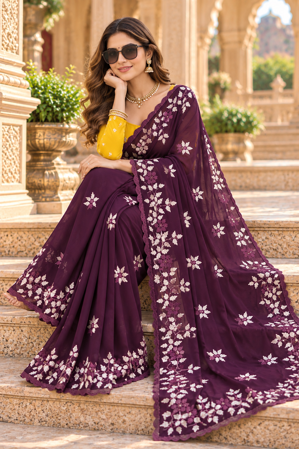 Georgette Floral Print Saree With Unstitched Blouse(Burgandy)