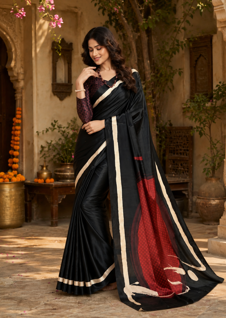 Premium Crepe Silk Digital Floral Print Saree With Unstitched Blouse(Black)
