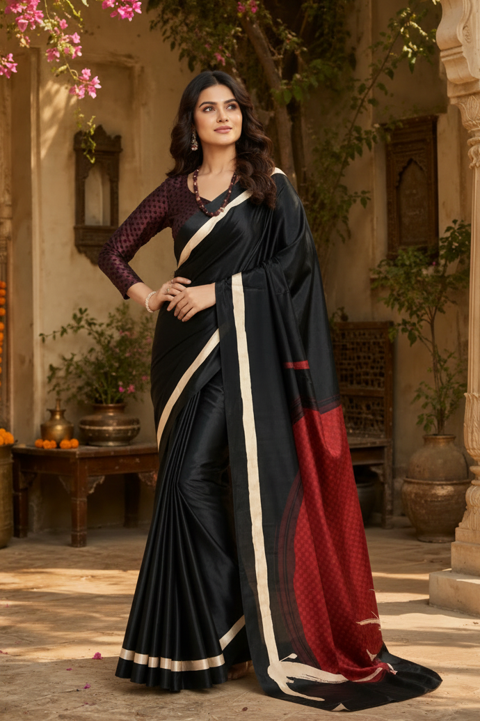 Premium Crepe Silk Digital Floral Print Saree With Unstitched Blouse(Black)