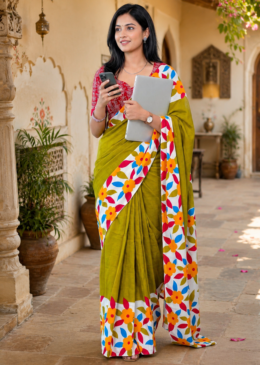 Soft Mulmul Cotton Block Printed Saree With unstitched Blouse(Green)