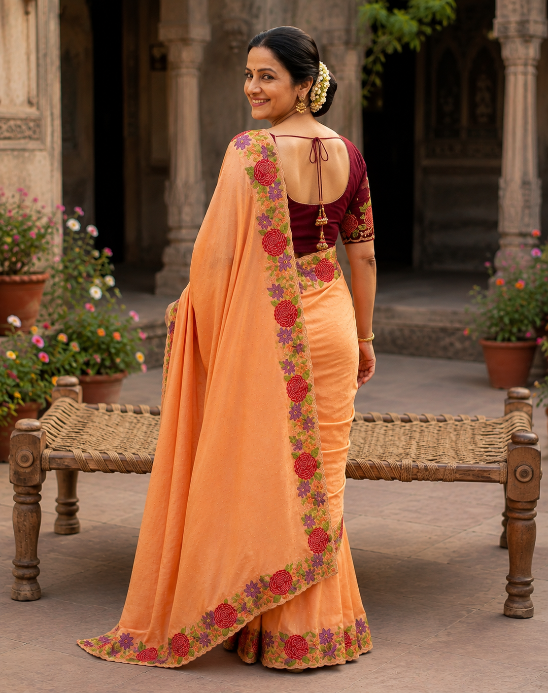 Star Georgette Heavy Work Saree With Unstitched Blouse(Orange)