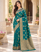 Pure Silk Traditional Buttas Copper Zari Weaving Saree With Unstitched Blouse(Green)