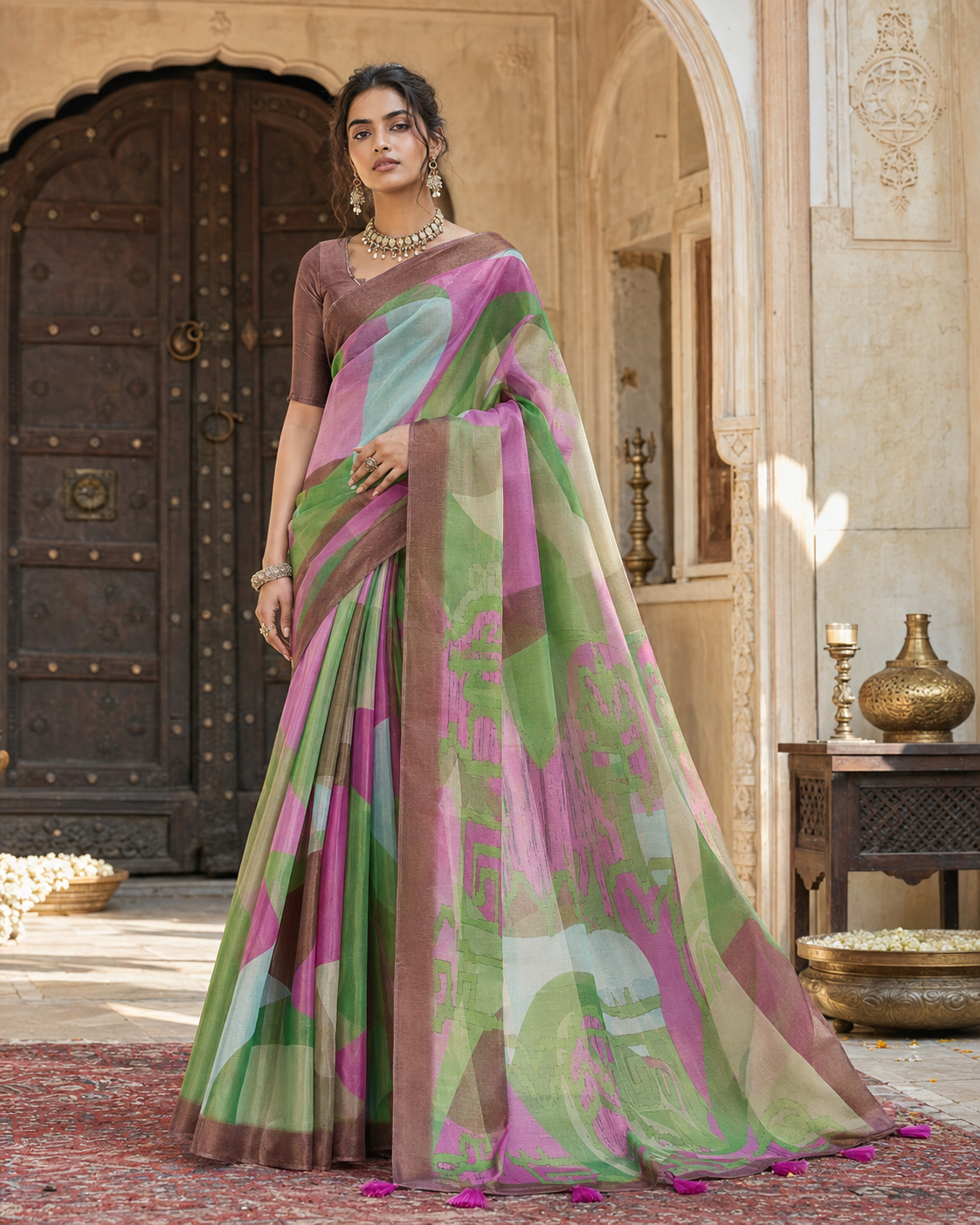 Cotton Printed Saree With Unstitched Blouse(Multicolor)
