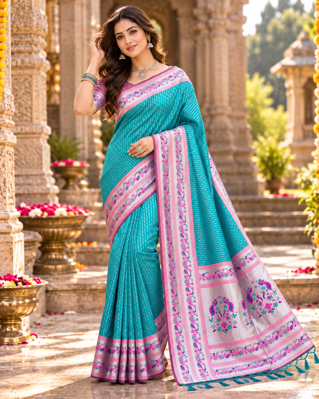 Paithani Silk Zari Work Saree With Unstitched Blouse(Blue)
