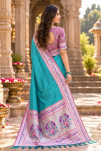 Paithani Silk Zari Work Saree With Unstitched Blouse(Blue)