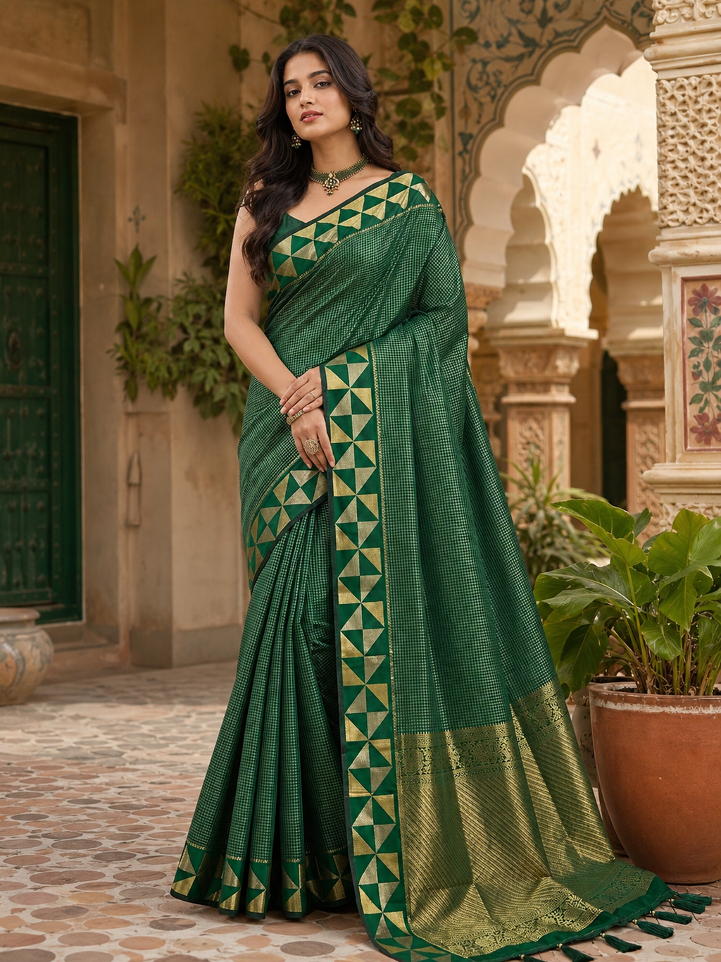 Premium Art Silk Zari Triangle Border Saree With Unstitched Blouse(Green)