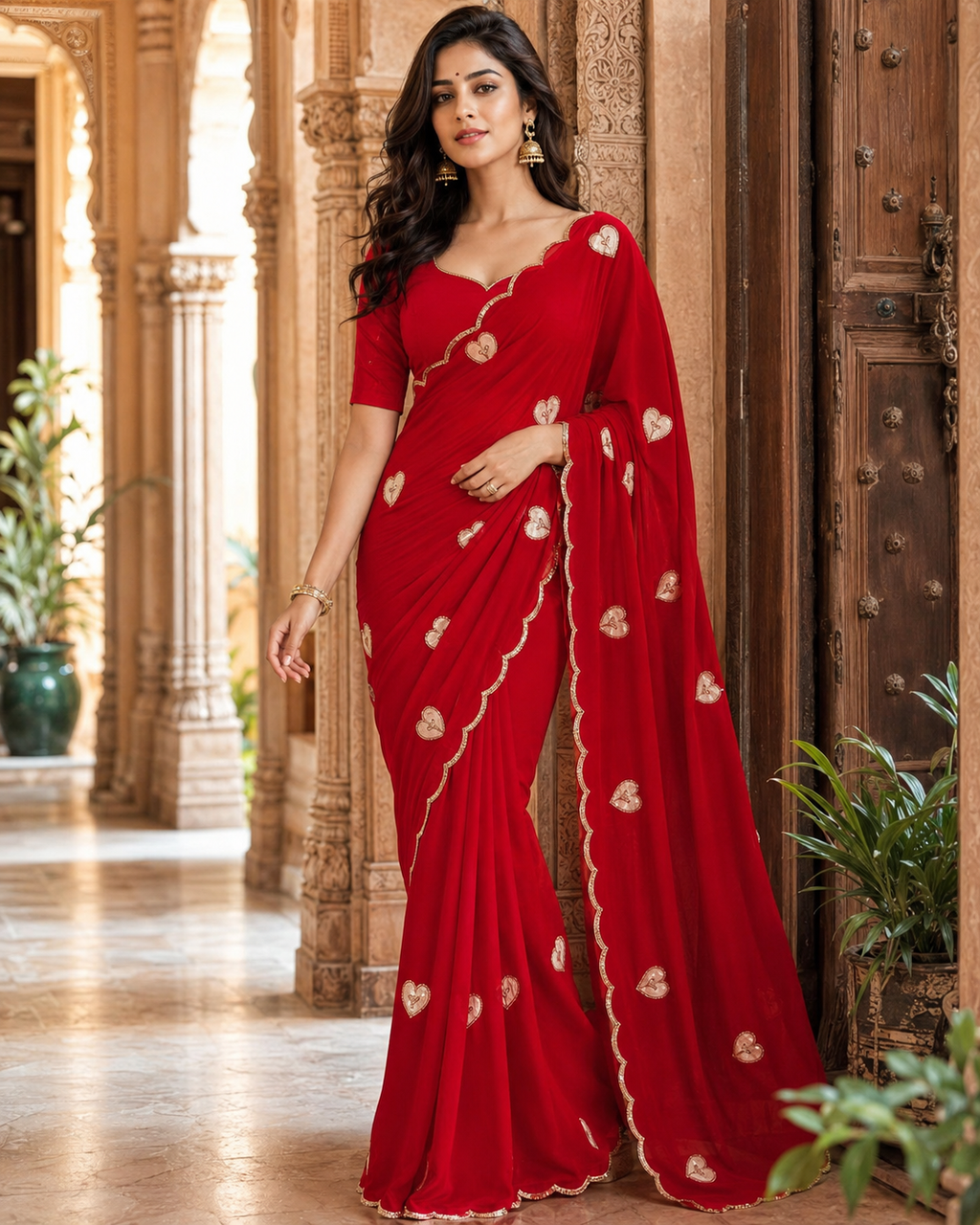 Georgette Heart Patch Work Saree With Unstitched Blouse(Red)