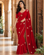 Georgette Heart Patch Work Saree With Unstitched Blouse(Red)