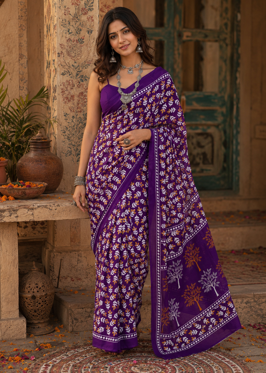 Pure Mulmul Cotton Printed Saree With Unstitched Blouse(Purple)