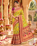 Pure Patola Paithani Silk Golden Zari Border Saree With Unstitched Blouse(Yellow)
